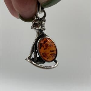 Vintage 925 Sterling Silver Baltic Amber Stone Cat Kitty Pendant Estate